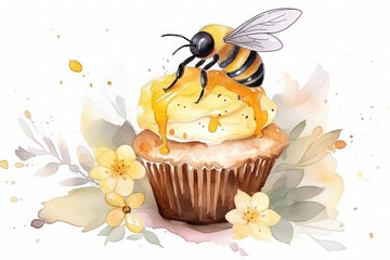 Waltercolor illustration of a honey cupcake with a bee and flowers. 