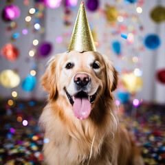 Happy cute golden retriever dog in a party hat celebrates his birthday with a sweet cake and a candle surrounded by falling confetti
