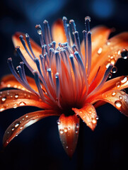Macro view of a red lily flower with pistils and dew drops. Botanical closeup wallpaper. 