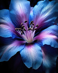 Blue and puple flower close-up. Floral dramatic wallpaper. 