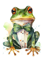 Watercolor illustration of a frog wearing a green bow tie. 