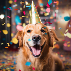 Happy cute golden retriever dog in a party hat celebrates his birthday with a sweet cake and a candle surrounded by falling confetti
