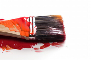 Paintbrush covered in orange paint isolated on white. Creativity tool, art and craft concept. Closeup view 