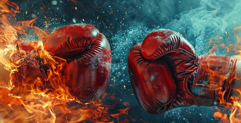 Red, blue boxing gloves in the form of hyper-realistic cyclorama elements, light red and dark blue. For banners promoting boxing, boxing sports
