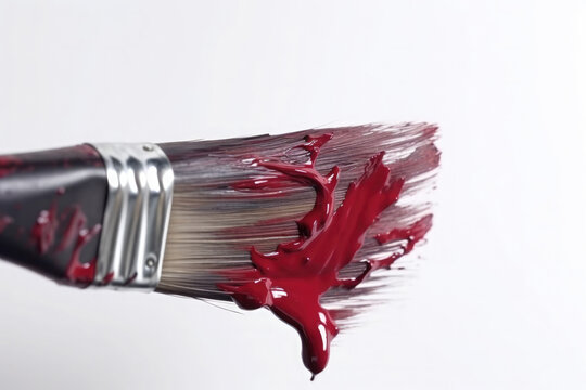 Closeup of a brush with dripping red paint. Creativity, art and craft tool 