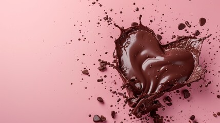 Heart shaped chocolate splash on pink background with copy space