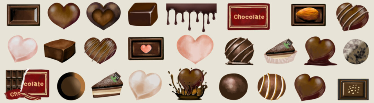 チョコレートのセット（水彩・手描き素材）