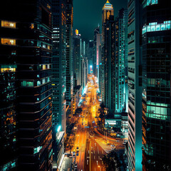 Fototapeta na wymiar Explore the modern cityscape with an urban futurism style, capturing the vibrant city lights through night photography. Focus on skyscrapers and road