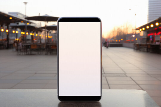 Mockup image of modern smartphone with blank white screen standing on wooden table outdoors