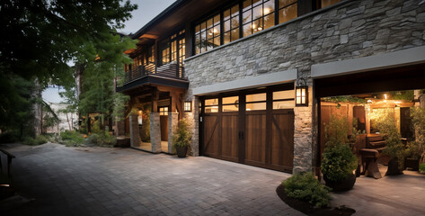 car garage modern natural stone wooden doors and wind, street in the old town