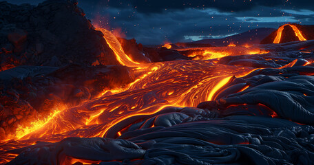 a image showing lava flowing from volcano over rocks