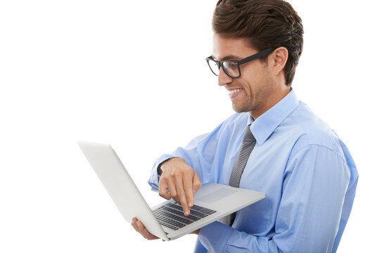 Happy businessman, laptop and reading social media, email or networking on a white studio background. Man, employee or nerd with computer for communication, research or online search on mockup space