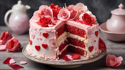 Obraz na płótnie Canvas Beautiful cake with Red and Pink Rose Wedding cake. Birthday cake. Valentine's Day cake, cake,