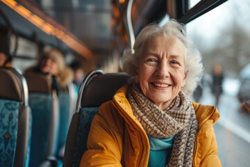 A happy senior woman traveling by bus