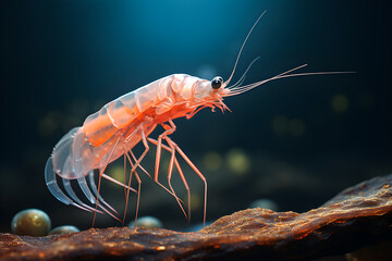 Pink transparent shrimp on blue background, generative ai