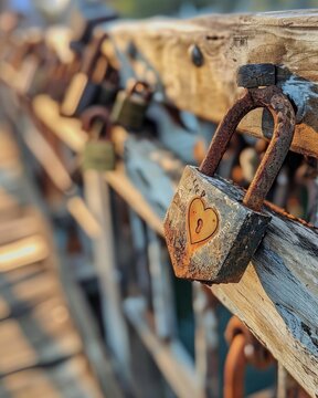 A close-up of a rustic padlock with two names engraved, symbolizing eternal love, attached to a bridge's railing with other love locks