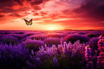 Beauty  field of lavender and butterfly in summer sunset, generative ai