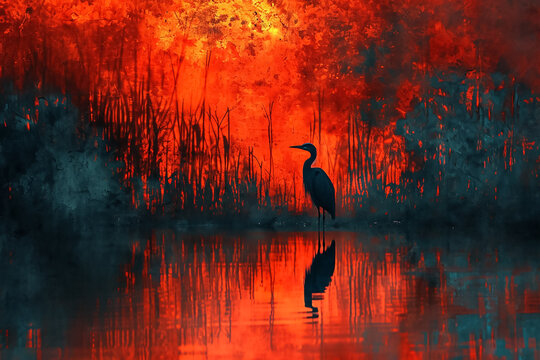 Beautiful picture of a heron bird reflection in the water