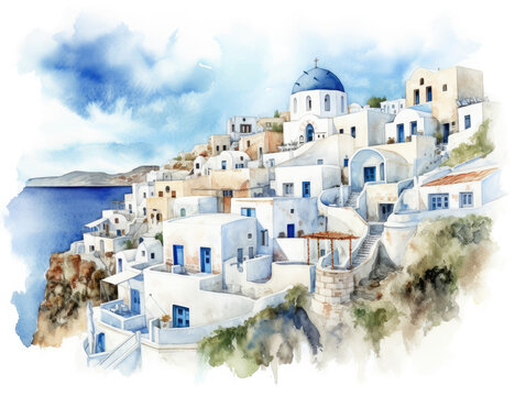 Fototapeta Sea town in Santorini island, Greece. Watercolor style illustration 