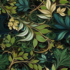 Tactile canvas in 3D style with ivy in shades of green and black. Seamless floral background. Generative AI