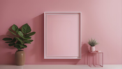 a picture frame on a pink wall next to a potted plant.