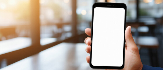 Mockup of a hand holding black mobile phone with blank white screen in cafe