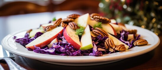 Naklejka na ściany i meble Vegetarian Christmas salad with red cabbage, apples, and pecans.