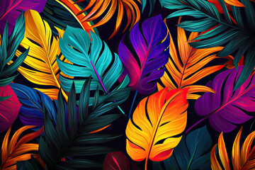 Fototapeta na wymiar Tropical leaves in a bright coloured pattern