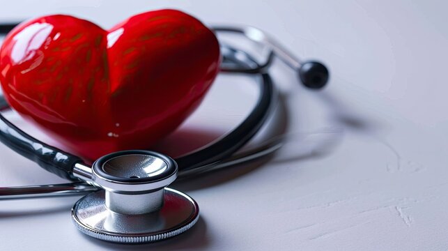 Medical Stethoscope Embracing a Glossy Red Heart on a White Background Signifying Health Care.