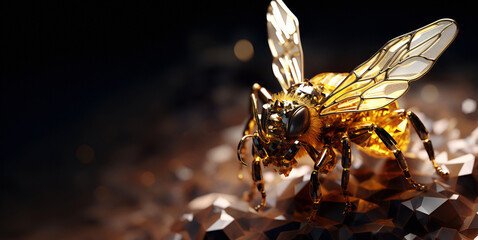 A golden bee is surrounded by crystals