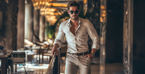 handsome man in luxury casual outfit wearing sunglass, man in the gym - obrazy, fototapety, plakaty