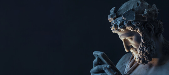 Beautiful ancient Greek god sculpture using a modern phone. with phone screen light on his face,...