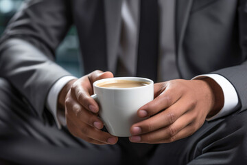 Businessman in a cafe holding a cup of hot coffee during a morning break.