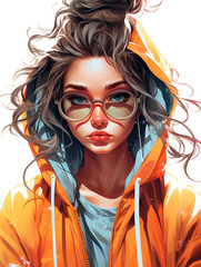 Portrait of a sporty and nerdy teenager girl with brown hair, a red hoodie and glasses. 