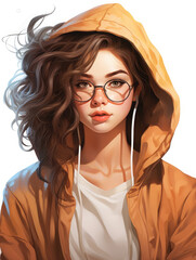 Nerdy schoolgirl with casual clothing wearing a red hoodie and glasses. Female teenage character illustration on white 