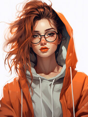 Nerdy and tomboish girl with brown hair wearing a red hoodie and glasses. Dorky character illustration 