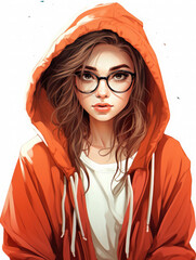 Portrait of a sporty and nerdy girl wearing a red hoodie and glasses on a white background