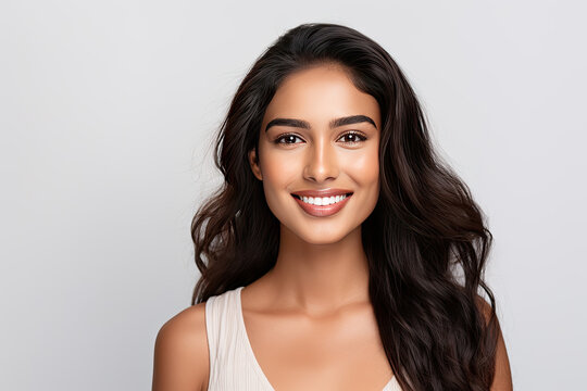 a closeup photo portrait of a beautiful young asian indian model woman smiling with clean teeth. used for a dental ad. isolated on white background