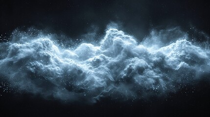 White powder snow cloud explosion in a horizontal layout against a dark backdrop. - obrazy, fototapety, plakaty