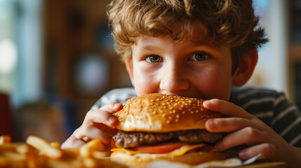 The boy eats a big hamburger. Burger held in hands close-up - 707902346