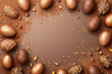 
Easter border frame with chocolate eggs , praline, isolated on brown background with golden confetti