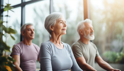 Elderly woman and man sit in the lotus position meditating in a yoga studio. Mental and spiritual health development at any age