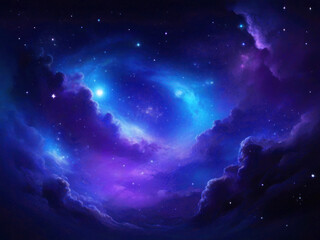 Fantastic landscape, blue clouds and stars, cosmic. Constellations and planets, magical image.