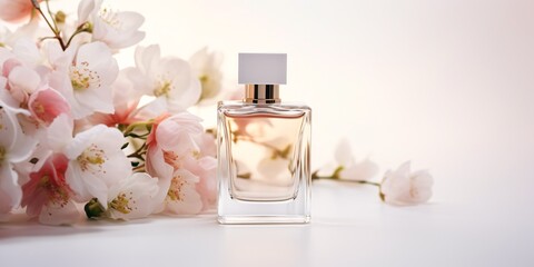 Fototapeta na wymiar Perfume bottle presentation on white background adorned with blooming flowers.