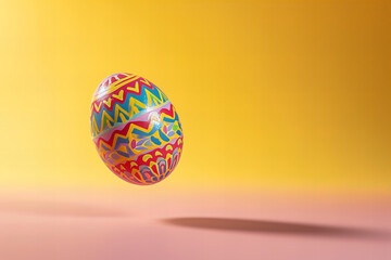 One perfect bright Easter egg with ornaments levitated with a shadow isolated on bright background