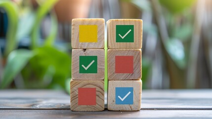 Achieve business success with stacked wooden blocks featuring check mark icons for task lists and quality control.