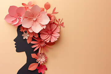  Paper art profile of a black woman with flowers. Warm spring colors. Isolated on smooth pastel paper background with copy space. 8 march concept, mothers day