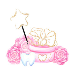 Watercolor gifts from fairy tooth with roses and with a magic wand. Congratulation first teeth. Dental clip art. Flowers