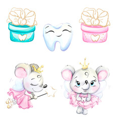 Watercolor cartoon set, Flying princess mouse. clip art fairy tooth with gift. Medical dental illustration for kids. First teeth