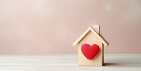 Obraz na płótnie Canvas Wooden small house with red heart for happy family, wooden toy house